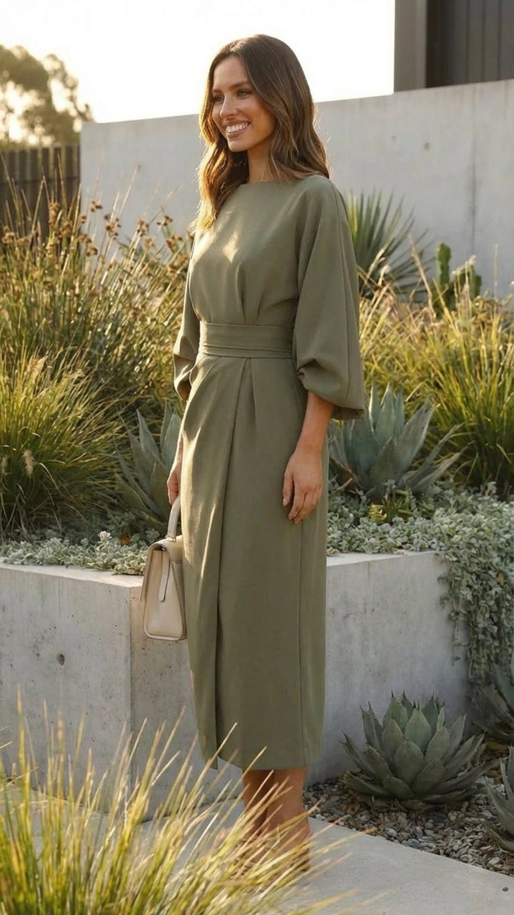 Women's Belted Formal Midi Dress - Elegant Occasion Wear