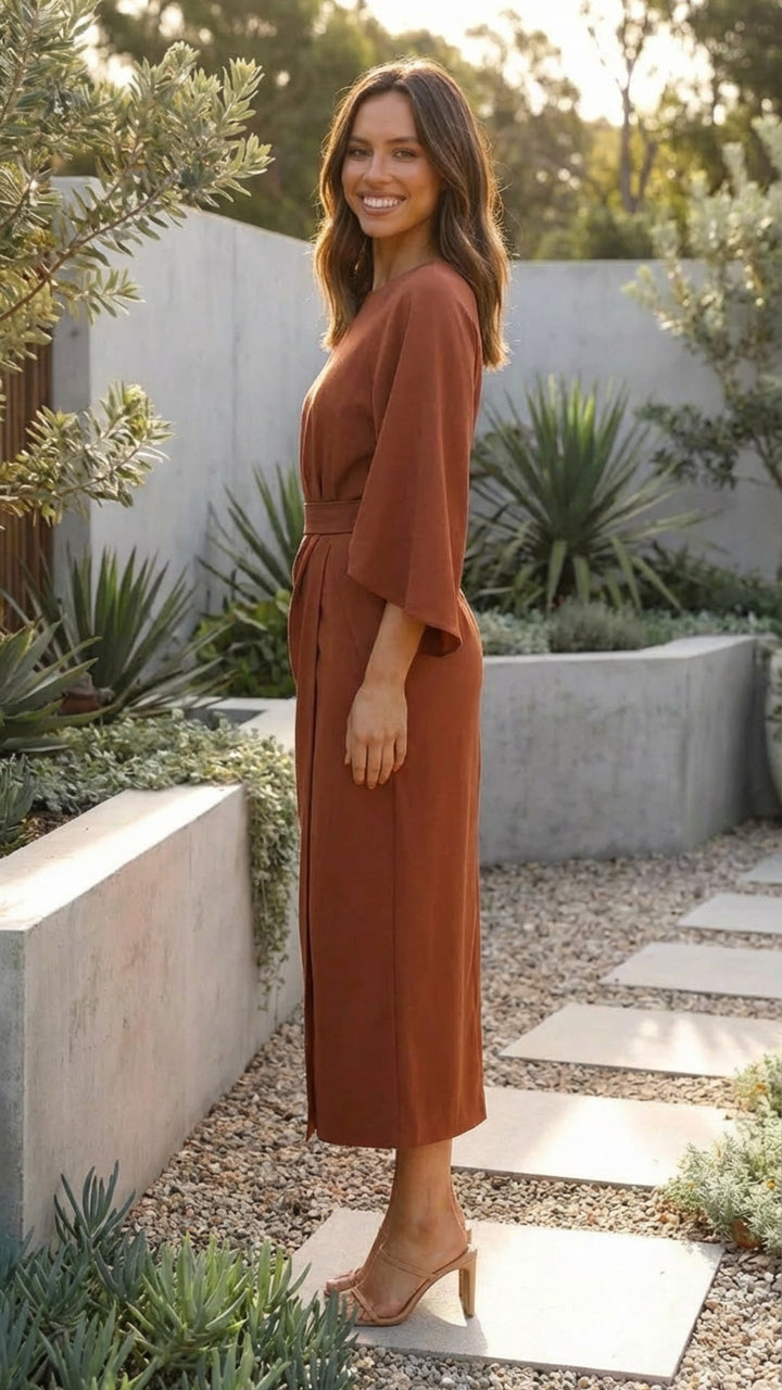 Women's Belted Formal Midi Dress - Elegant Occasion Wear