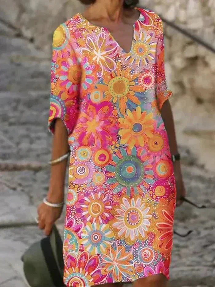 Women's Colorful Floral V-Neck Dress - Vibrant and Fun Everyday Style