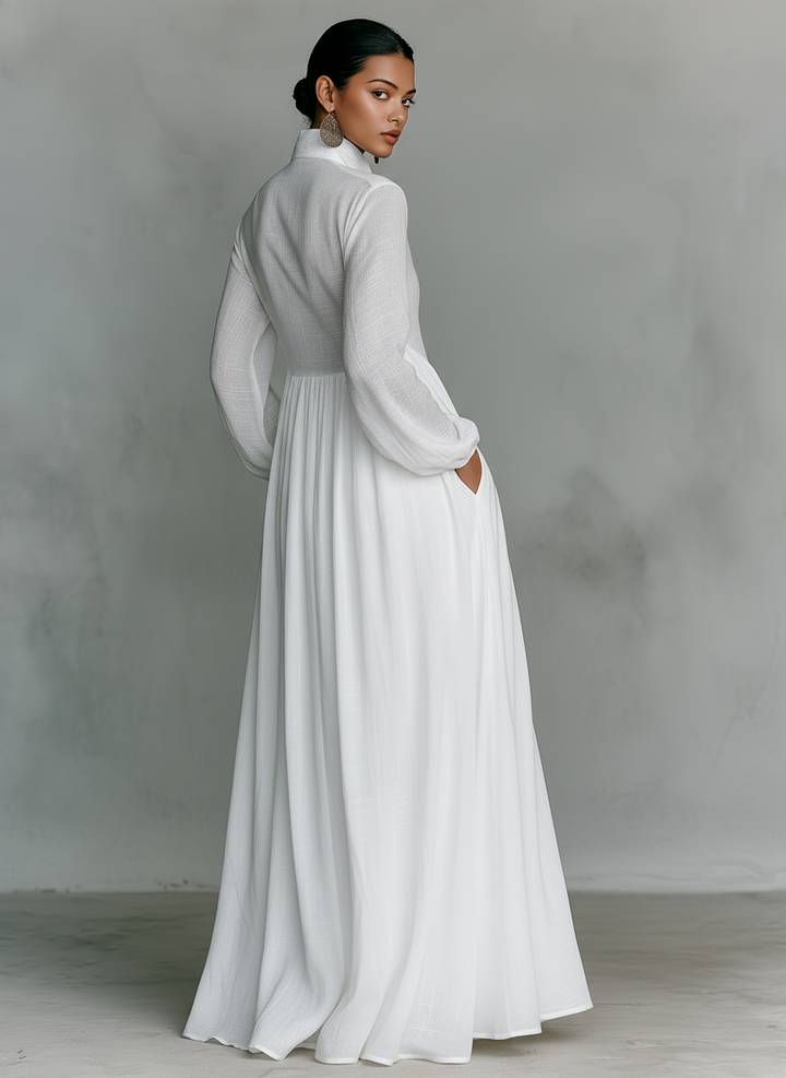 Women's Cotton Linen Maxi Dress - Elegant Patchwork Design