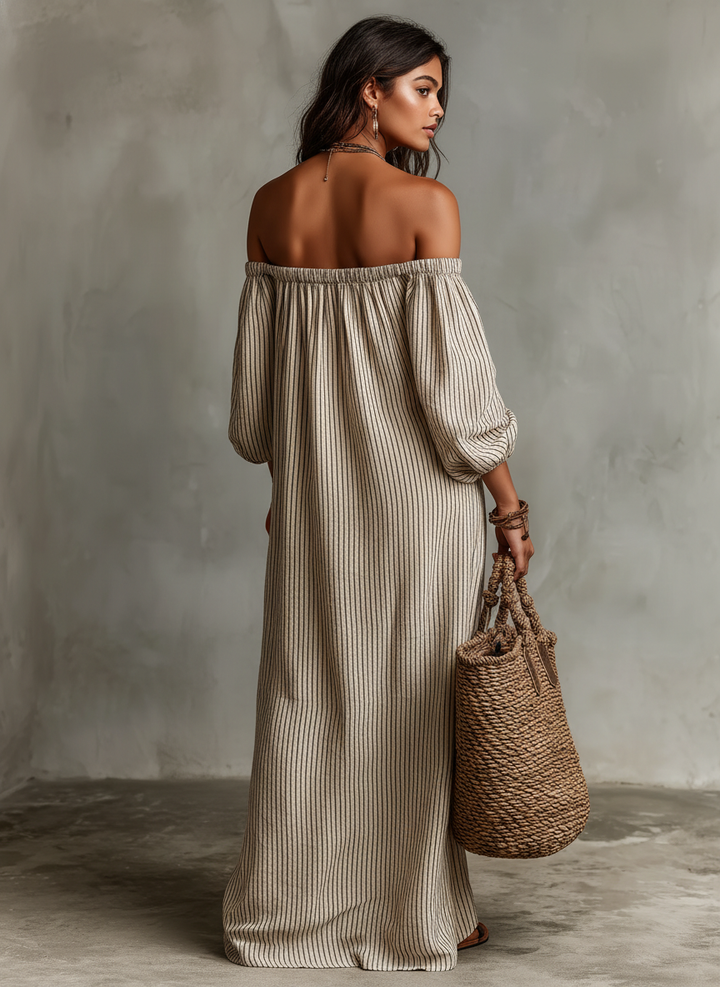 Women's Cotton-Linen Off-Shoulder Maxi Dress - Vacation Ready