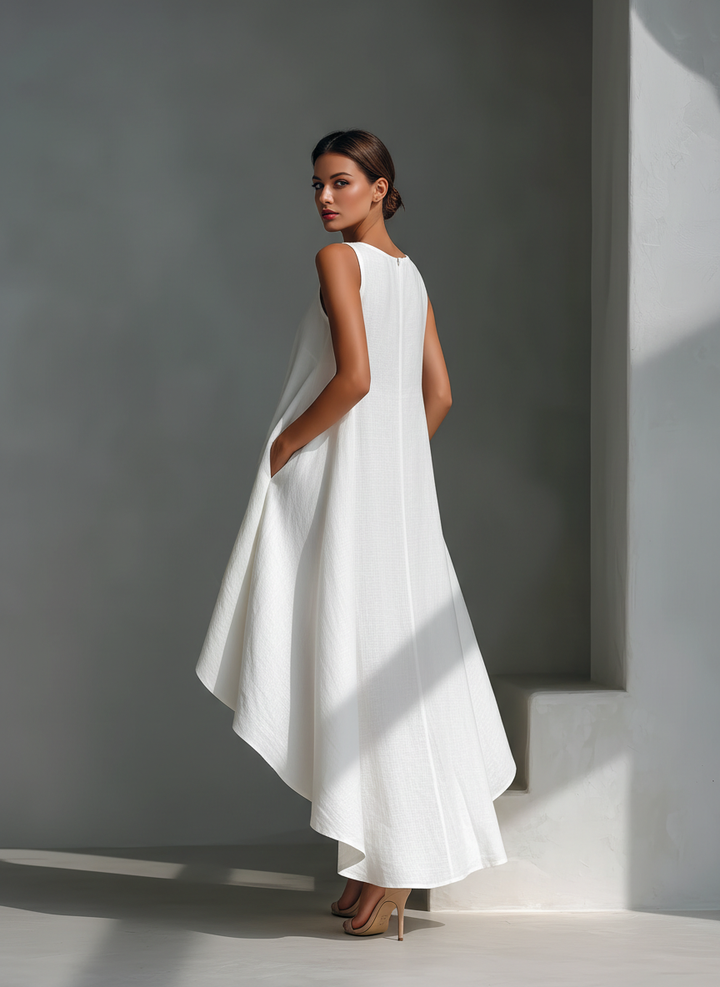 Women's Linen Sleeveless Midi Dress - Asymmetrical Hem, Breezy Style