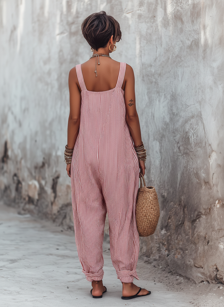 Women's Striped Square Neck Jumpsuit - Sleeveless & Soft Cut