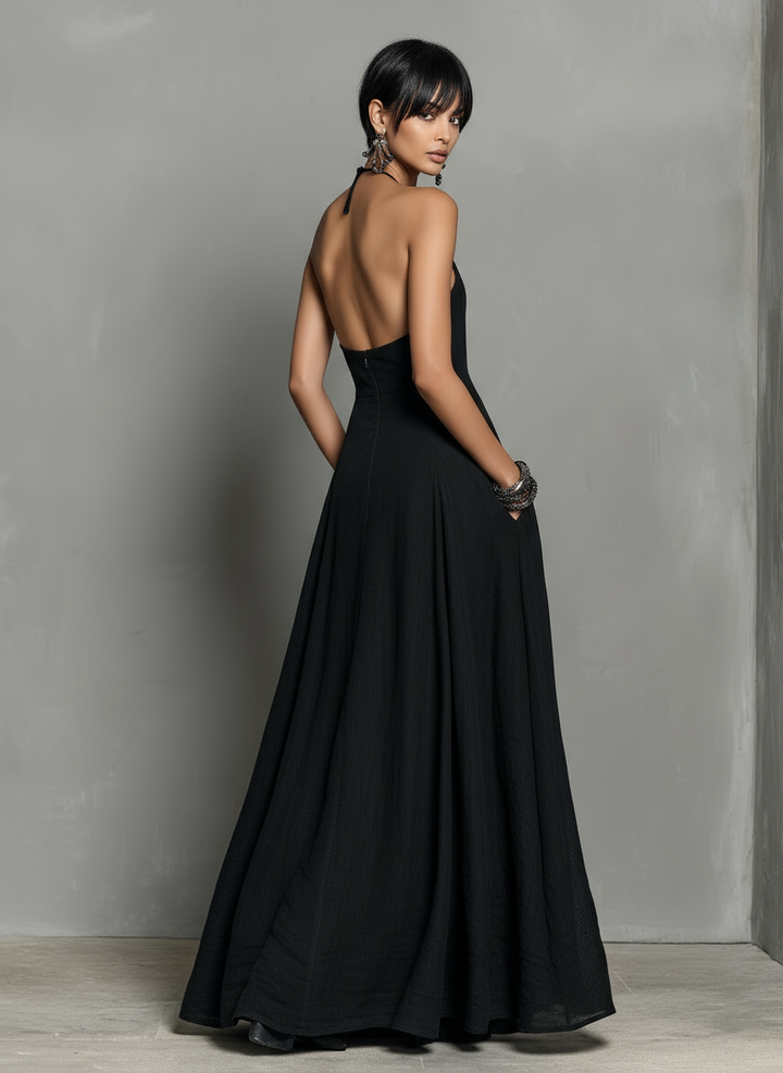 Women's Linen Blend Halter Maxi Dress - Effortless Summer Style