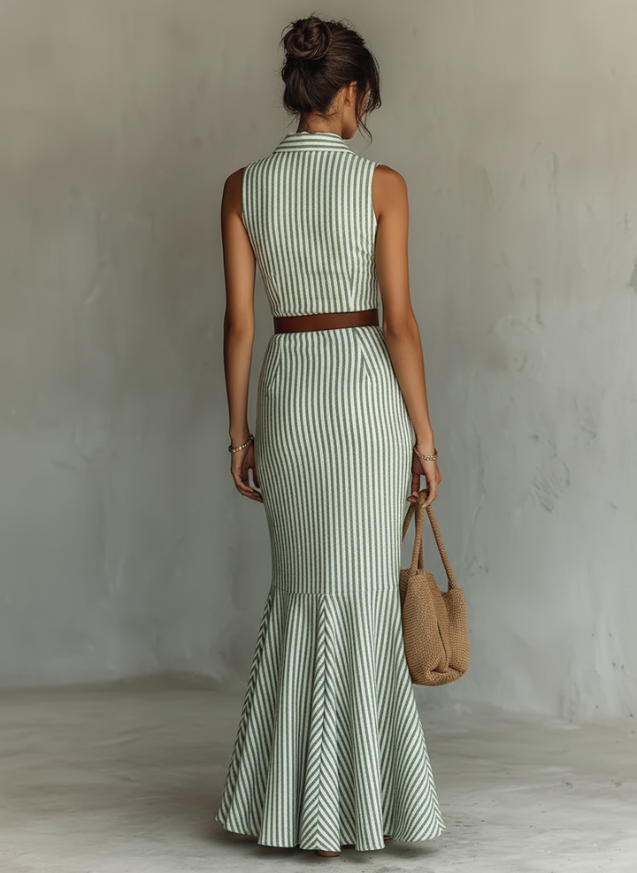 Women's Striped Linen Blend Fishtail Bodycon Maxi Dress - Chic Evening