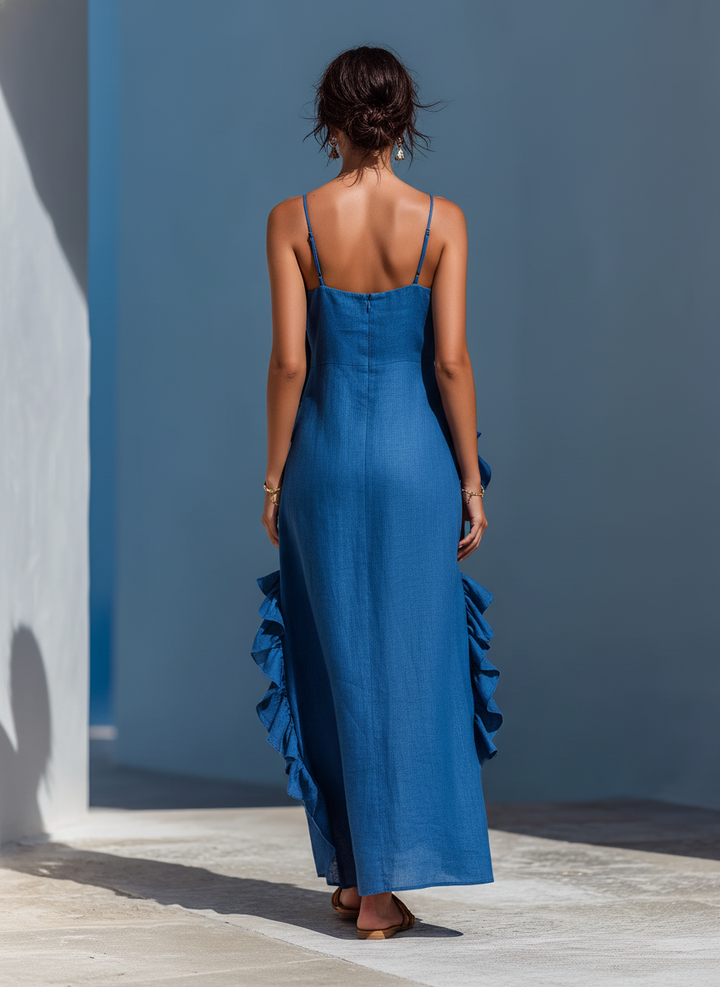 Women's Linen Ruffled Maxi Dress - Breezy Summer Elegance