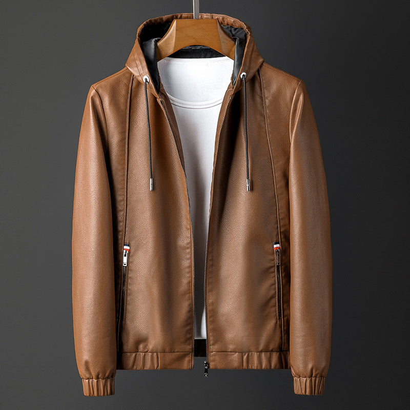 Men's Hooded Leather Jacket – Soft Stretch Casual Biker