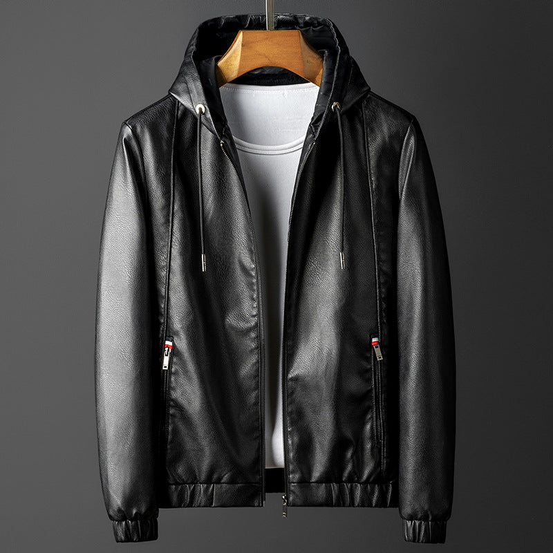 Men's Hooded Leather Jacket – Soft Stretch Casual Biker