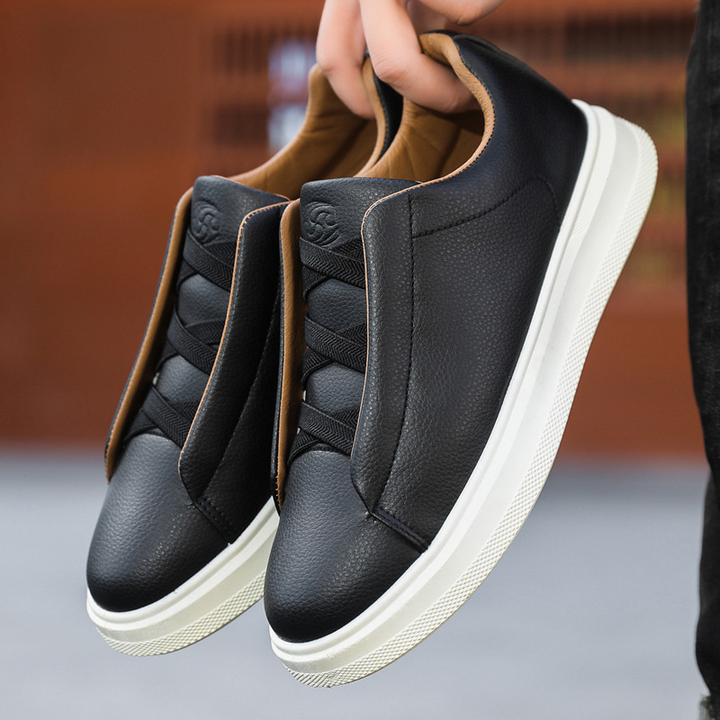 Men's Leather Slip-On Trainers – Elastic Lace Casual Sneakers