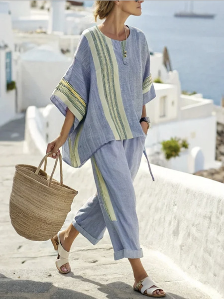 Women's Striped Two-Piece Set - Breezy Coastal Getaway