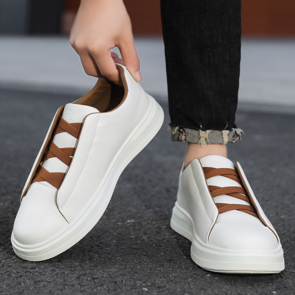 Men's Leather Slip-On Trainers – Elastic Lace Casual Sneakers