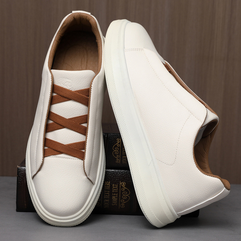 Men's Leather Slip-On Trainers – Elastic Lace Casual Sneakers