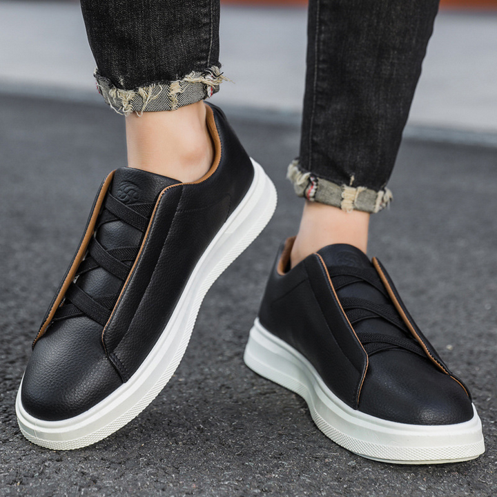 Men's Leather Slip-On Trainers – Elastic Lace Casual Sneakers