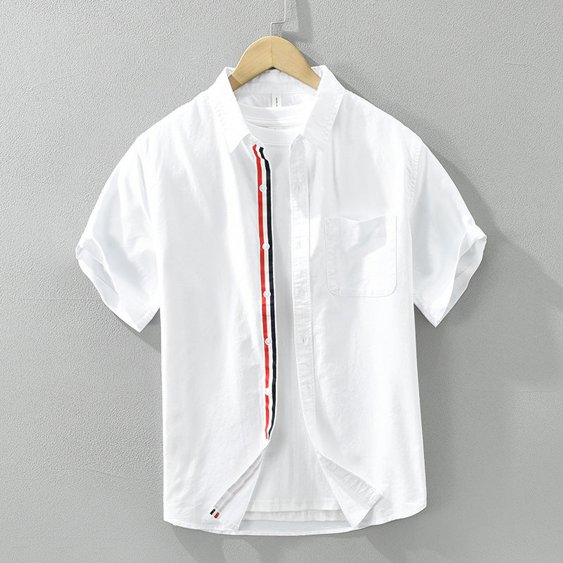 Men's Linen Short Sleeve Shirt – Striped Placket Summer Style