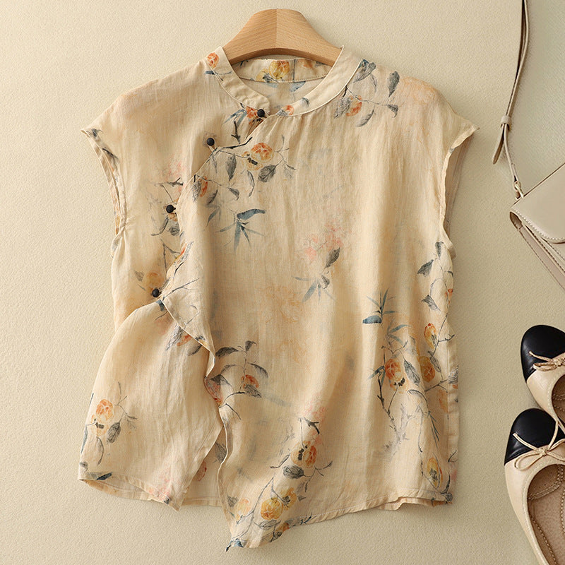 Women's Sleeveless Linen Blouse – Mandarin Collar Summer Top