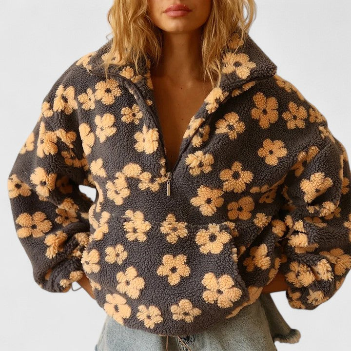 Women's Floral Sherpa Pullover - Cozy & Playful Style