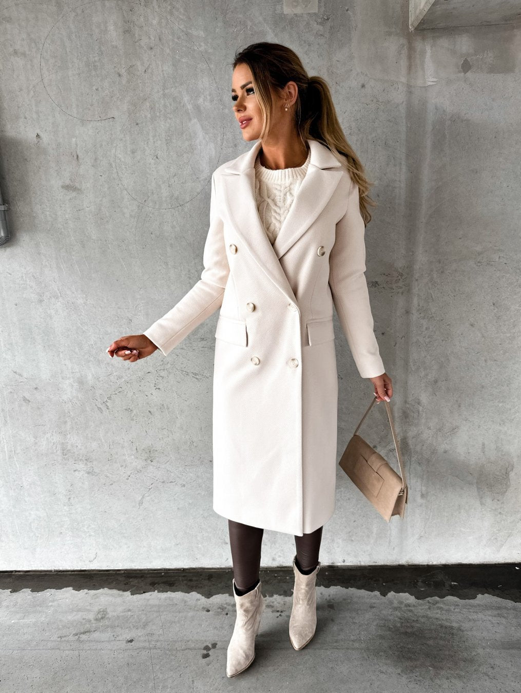 Women's Double-Breasted Long Coat - Refined Warmth