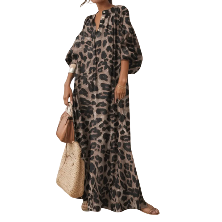 Women's Leopard Puff Sleeve Maxi Dress - Bohemian Style