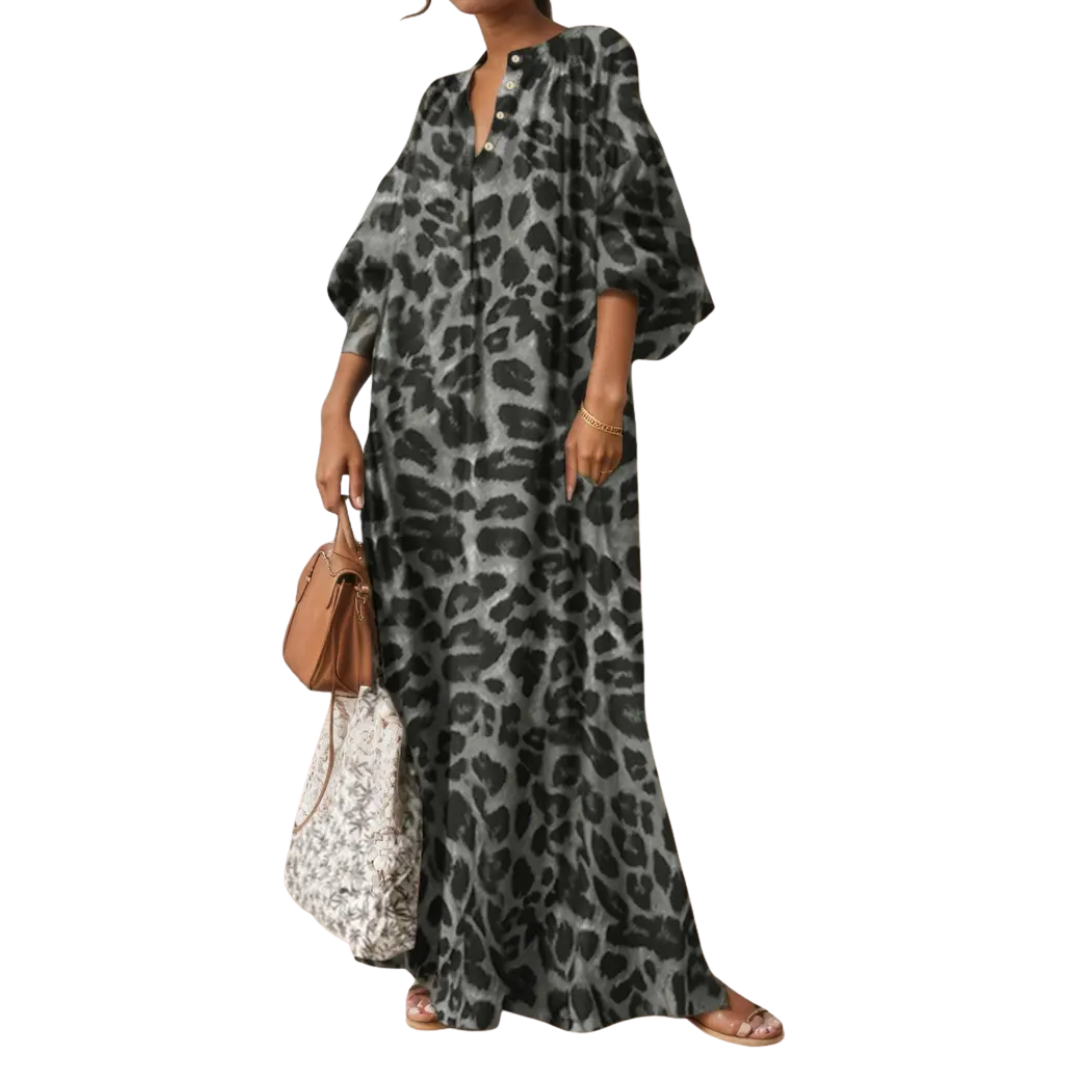 Women's Boho Puff Sleeve Leopard Maxi Dress - Free-Spirited Style