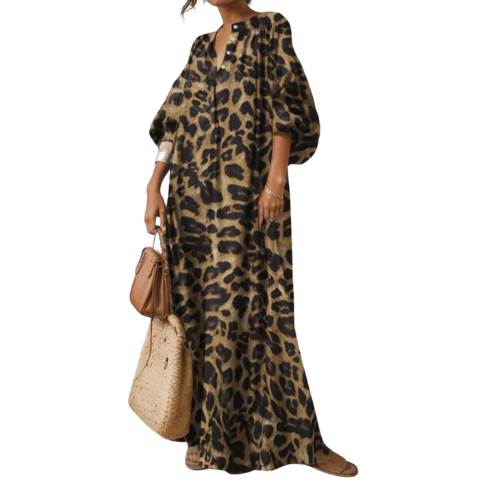 Women's Boho Puff Sleeve Leopard Maxi Dress - Free-Spirited Style
