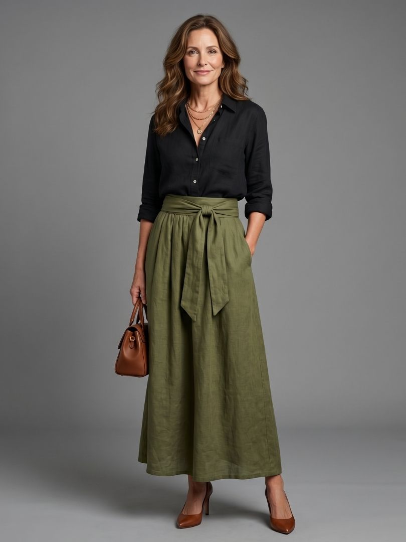 Women's Two Piece Set - Black Button Blouse & Olive Midi Skirt