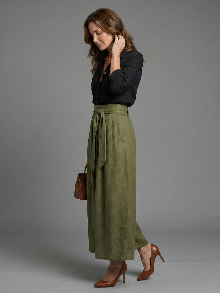 Women's Two Piece Set - Black Button Blouse & Olive Midi Skirt
