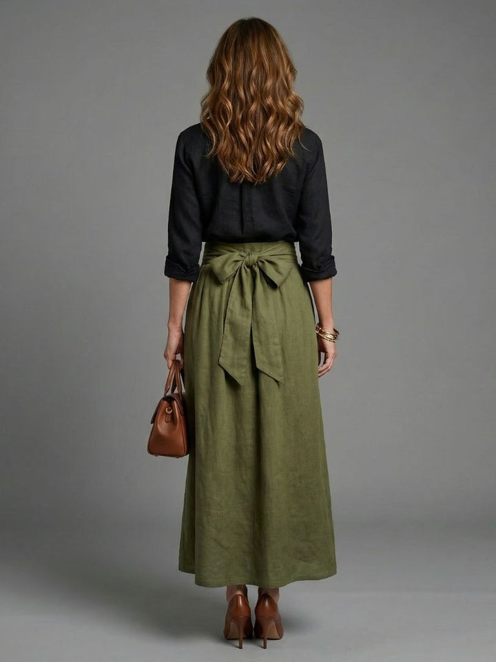 Women's Two Piece Set - Black Button Blouse & Olive Midi Skirt