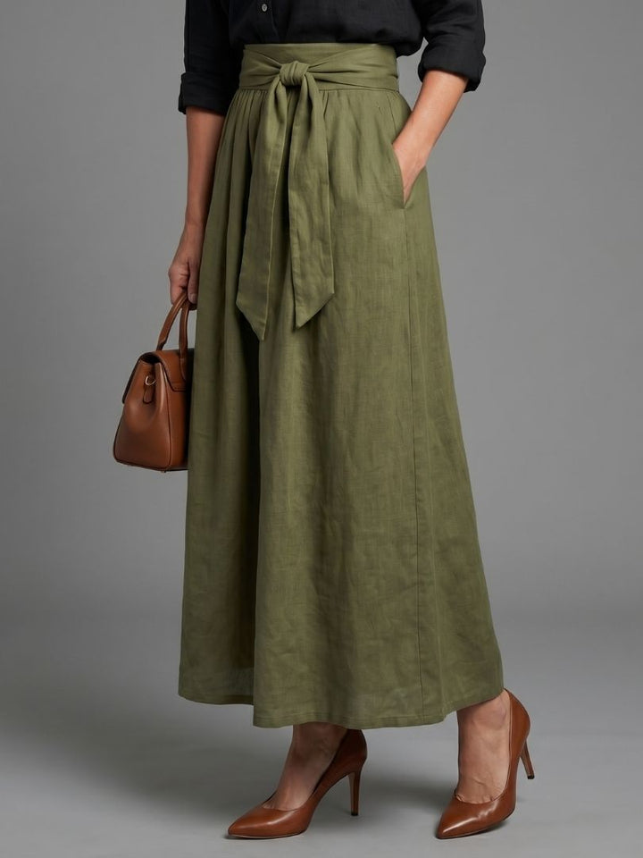 Women's Two Piece Set - Black Button Blouse & Olive Midi Skirt