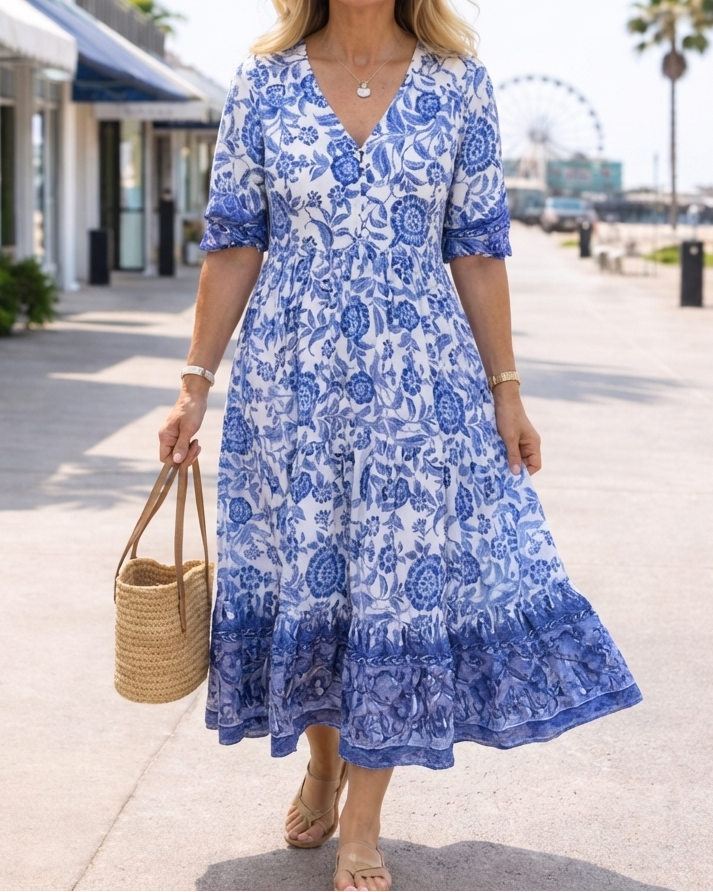 Women's Printed V-Neck Midi Dress - Everyday Elegance