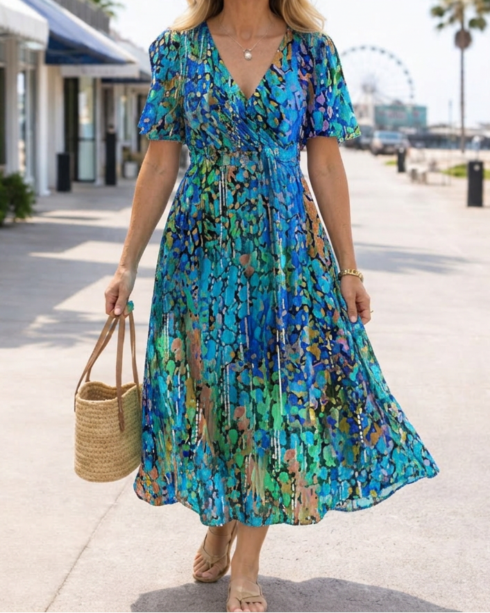 Women's Printed V-Neck Flowy Dress - Vibrant Everyday Style