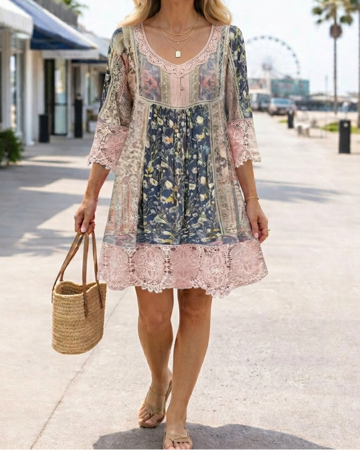 Women's Patchwork Lace Detail Dress - Effortless Everyday Charm