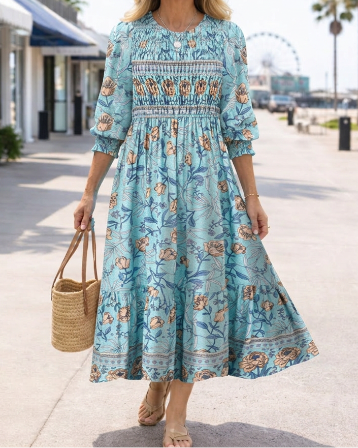 Women's Floral Smocked Midi Dress - Effortless Everyday Wear