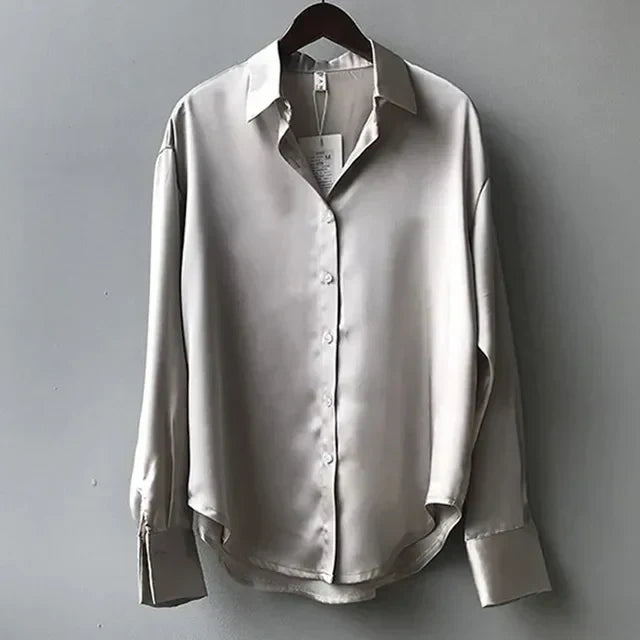 Women's Long Sleeve Button Down Satin Blouse - Effortless Elegance