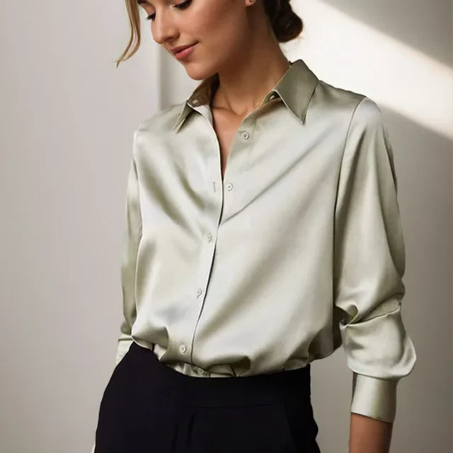 Women's Long Sleeve Button Down Satin Blouse - Effortless Elegance
