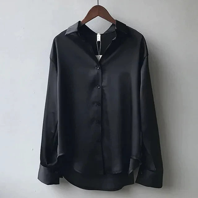 Women's Long Sleeve Button Down Satin Blouse - Effortless Elegance
