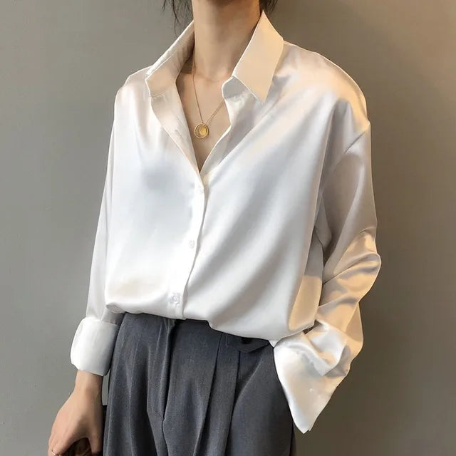 Women's Long Sleeve Button Down Satin Blouse - Effortless Elegance