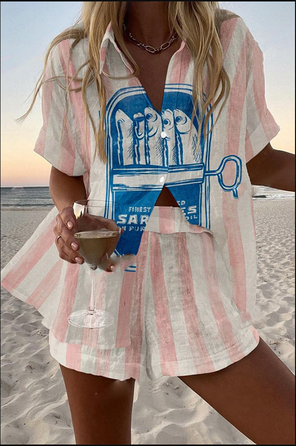 Women's Linen Sardine Print Short Set - Breezy Summer Style