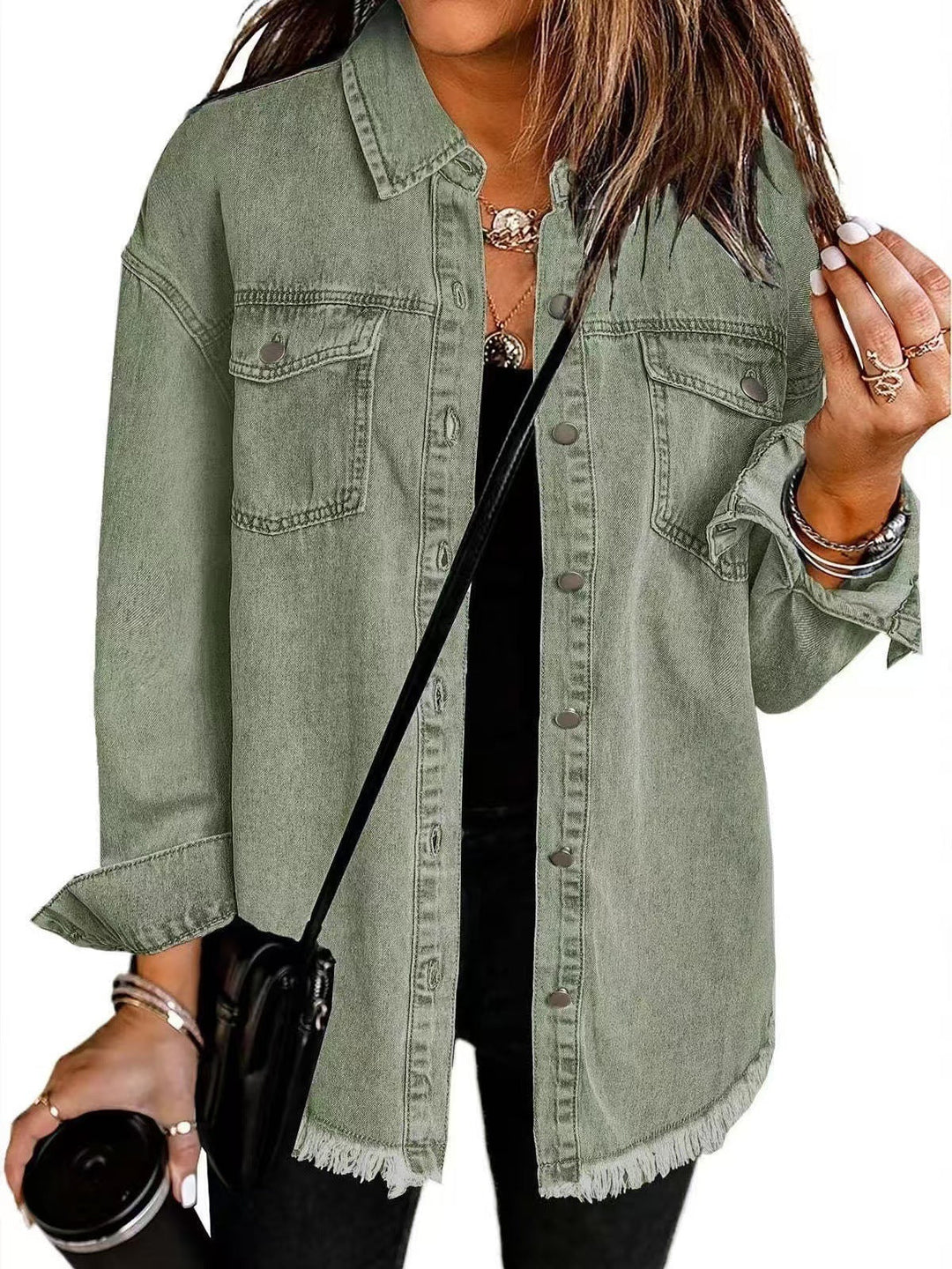 Women's Frayed Hem Button-Down Shirt Jacket - Versatile Layering