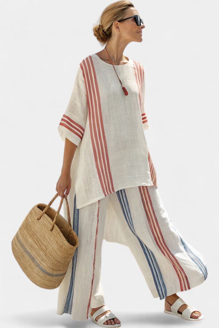 Women's Multicolor Striped Bamboo Linen Set - Effortless Summer Days