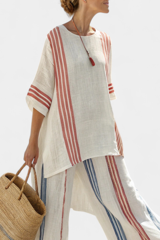 Women's Multicolor Striped Bamboo Linen Set - Effortless Summer Days