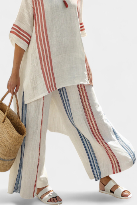 Women's Multicolor Striped Bamboo Linen Set - Effortless Summer Days