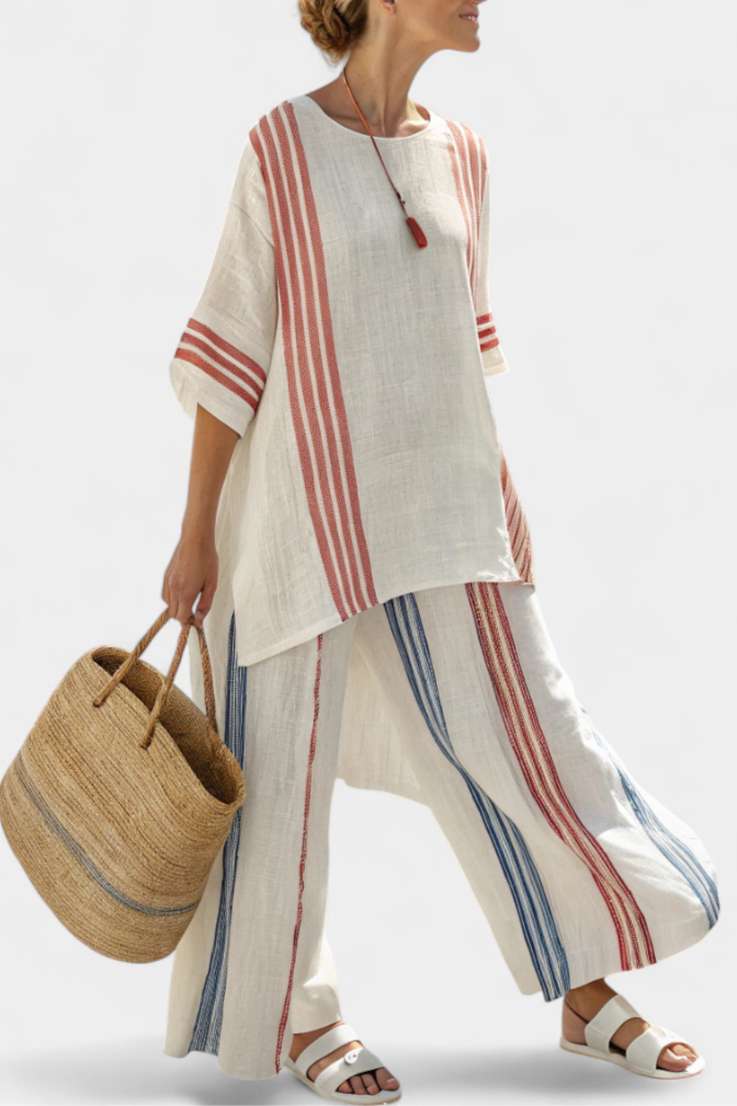 Women's Multicolor Striped Bamboo Linen Set - Effortless Summer Days