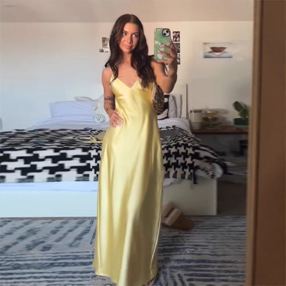 Yellow Satin Backless Sleeveless Midi Dress with Adjustable Straps | Resort Summer 2026