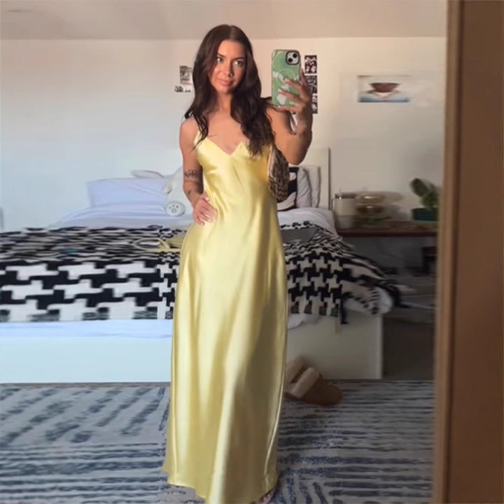 Yellow Satin Backless Sleeveless Midi Dress with Adjustable Straps | Resort Summer 2026