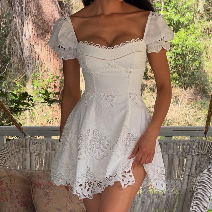 Women's Square Neck Lace Puff Sleeve A-Line High Waist Solid Color Short Dress 2026 Spring