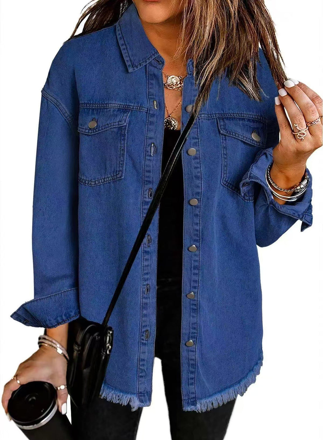 Women's Frayed Hem Button-Down Shirt Jacket - Versatile Layering