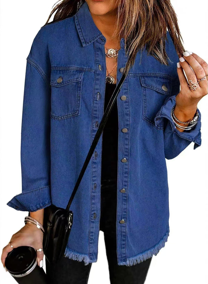 Women's Frayed Hem Button-Down Shirt Jacket - Versatile Layering