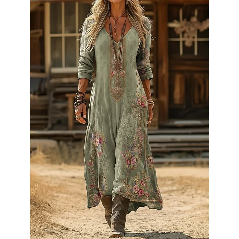 Women's Long Sleeve Vintage Midi Dress - Effortless Everyday Style