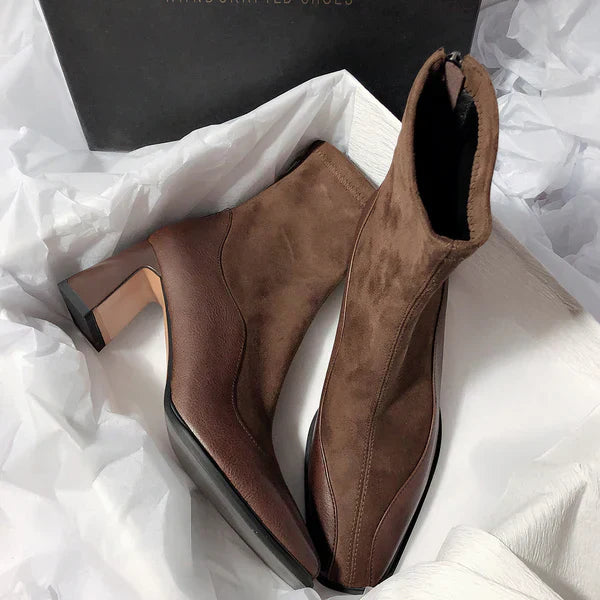 Women's Spliced Suede Boots - Structured Square Toe Block Heel