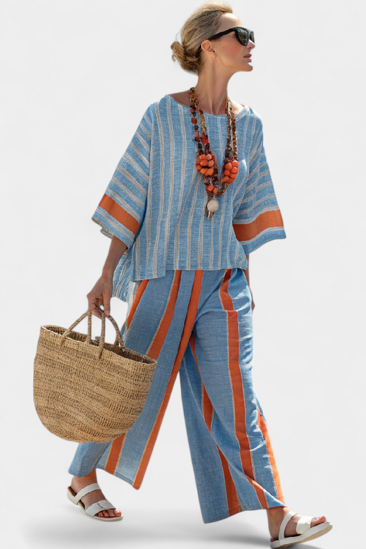 Women's Velmere Terracotta Striped Top & Linen Pants - Breezy Set